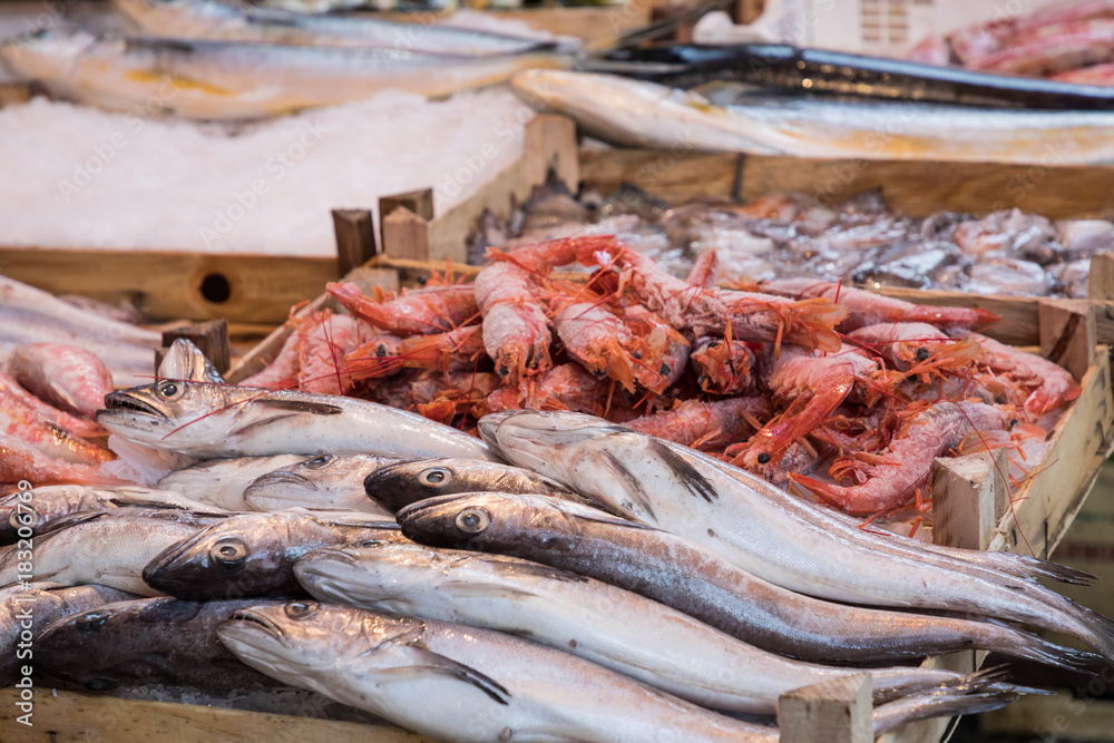 Seafood at traditional fish market in Palermo, Italy.