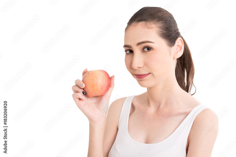 Women eating a fresh apple isolated on white Women eating a fresh apple isolated on white