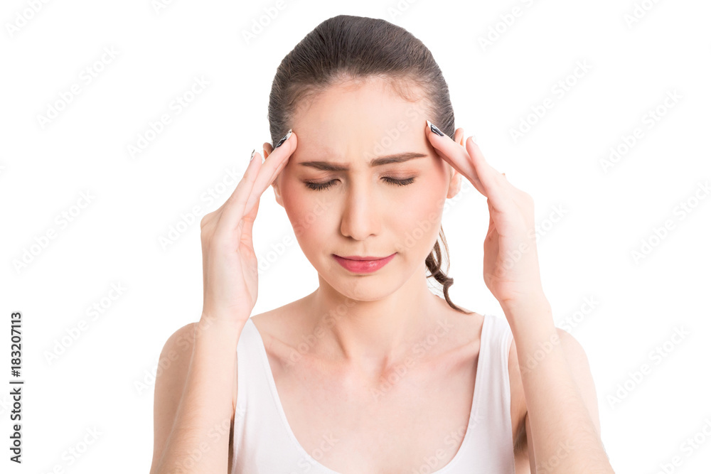 Woman headache and holding head isolated on white background Woman headache and holding head isolated on white background