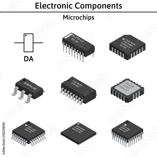 Vector set of izometric electronic components. Collection of microchips.