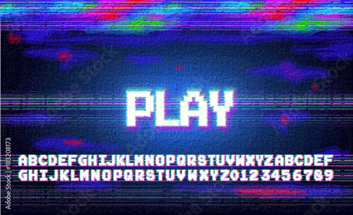 Vector play alphabet letters font phrase in pixel art style with screen glitch VHS effect. 80's and 90's style. Retro vintage TV screen. Gamer panel basic platform. Color half-shifted letters.