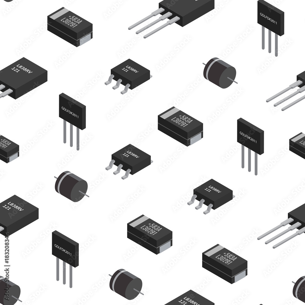 Vector seamless pattern of izometric electronic components. Collection of capacitors, resistors, diodes, transistors, inductors, microchips