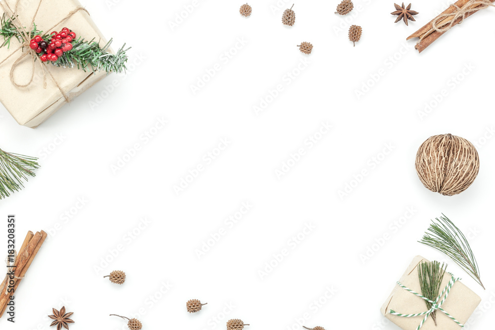 Above view aerial image of decoration & ornament merry Christmas & Happy new year background concept.Table top essential accessories on white wood at home office desk.free space for creative design.