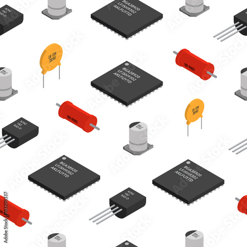 Vector seamless pattern of izometric electronic components. Collection of capacitors, resistors, diodes, transistors, inductors, microchips