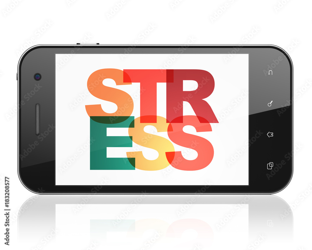 Medicine concept: Smartphone with Painted multicolor text Stress on display, 3D rendering