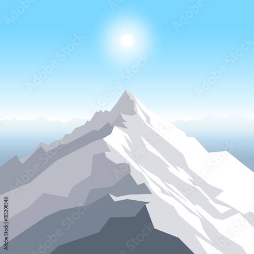 A midday sun over the mountains. Landscape with peak. Mountaineering and traveling and outdoor recreation concept. Abstract background for web, presentations or prints. Vector illustration.