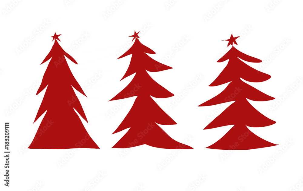 Obraz premium Winter background, New Year digital illustration with three red Christmas trees illustration isolated on white