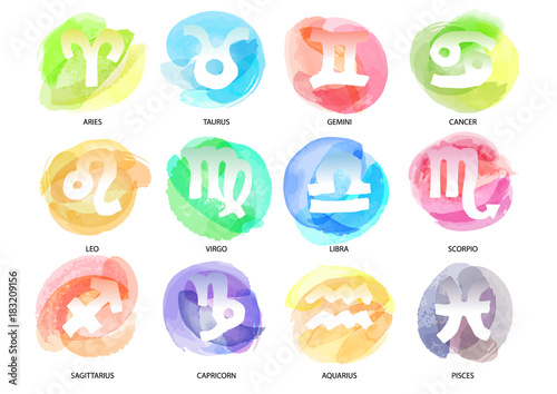 Set of hand drawn watercolor brush zodiac signs. Vector illustration created with custom brushes, not auto-tracing.