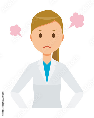 A woman doctor in a white suit is angry