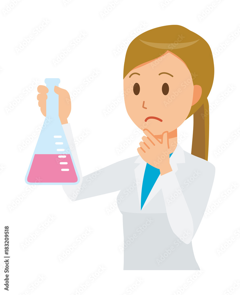 A woman doctor wearing a white coat has an Erlenmeyer flask