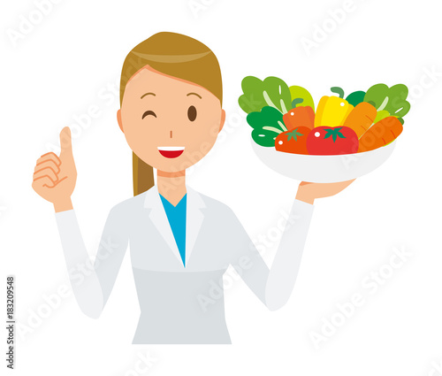 A woman doctor wearing a white suit has vegetables