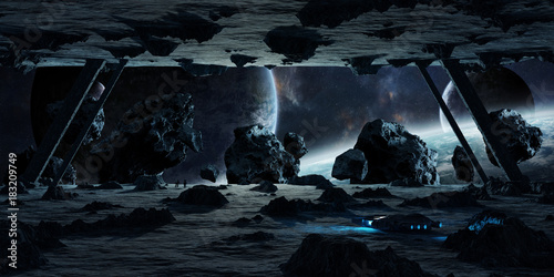 Astronauts exploring an asteroid spaceship 3D rendering elements of this image furnished by NASA