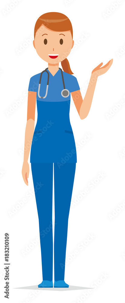 A female nurse wearing a blue scrub is guiding