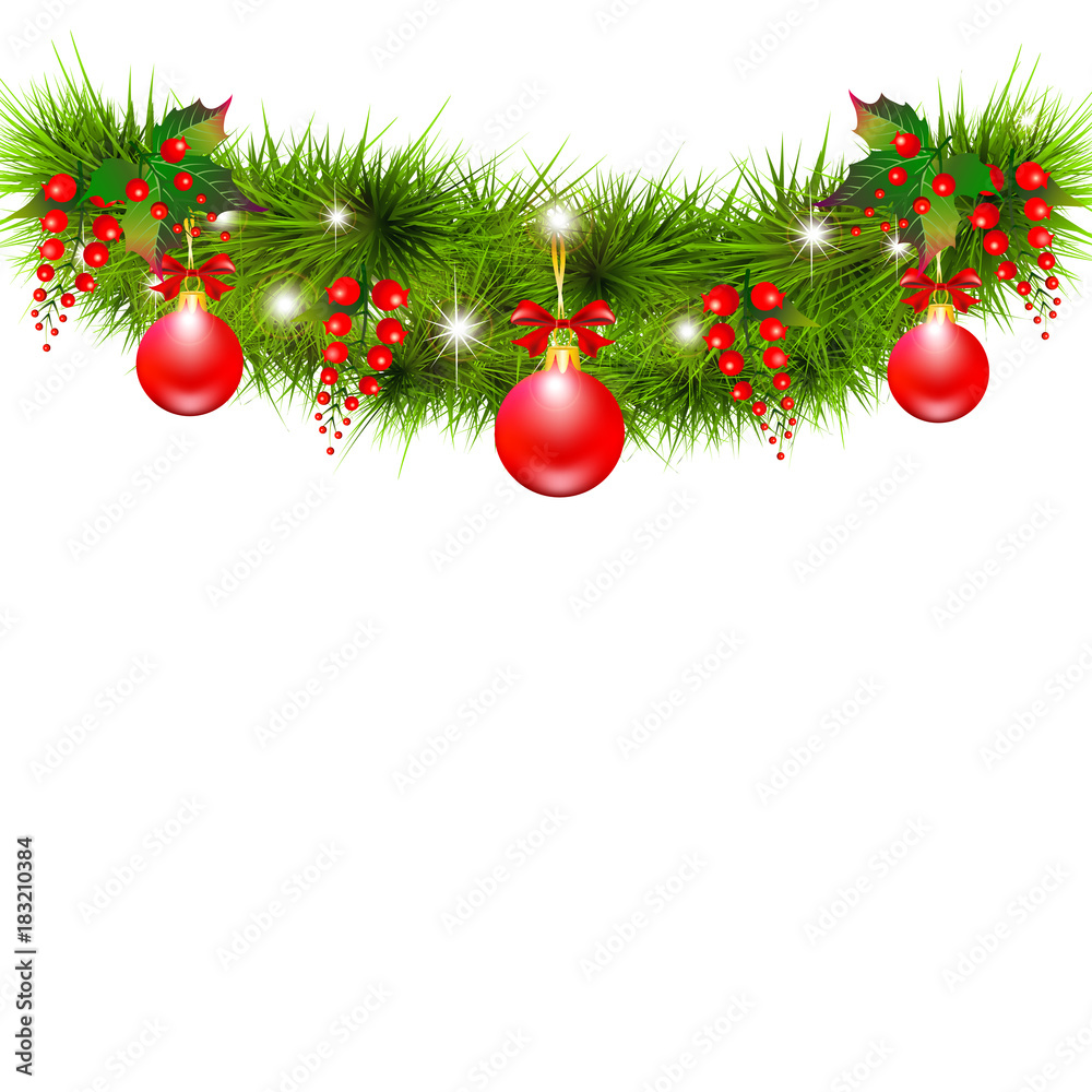 Christmas garland, balls,red bows, on a white Christmas garland, balls,red bows, on a white