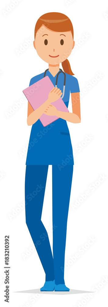 A female nurse wearing a blue scrub has a file