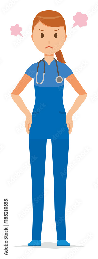 A woman nurse wearing a blue scrub is angry
