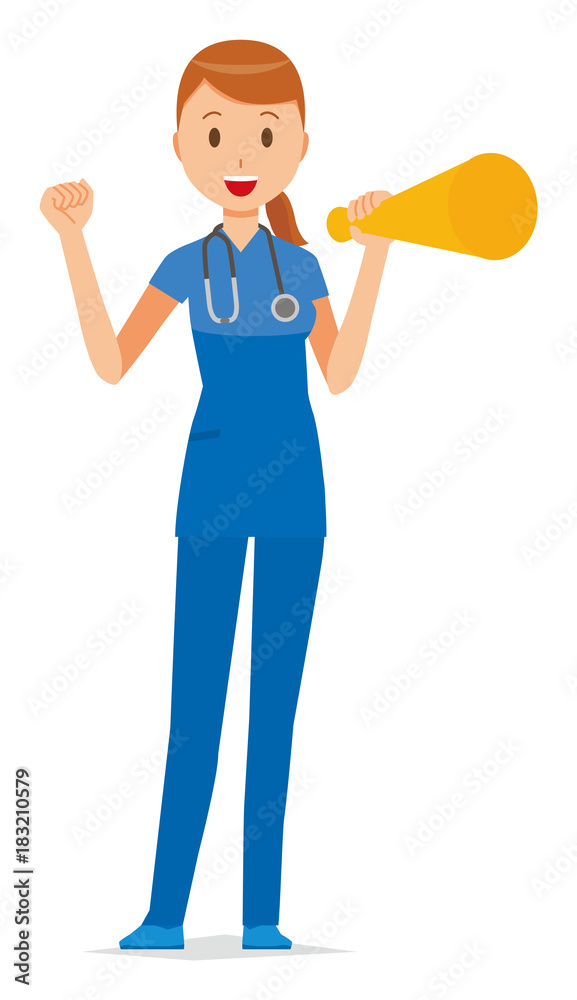 A female nurse wearing a blue scrub has a megaphone