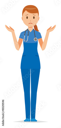 A woman nurse wearing a blue scrub is shrugging her shoulders