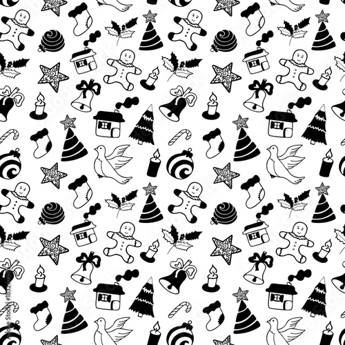 A house, a star, a Christmas tree, a gingerbread man, a felt boots, a mistletoe, a lollipop. Seamless pattern, wrapping paper for the New Year