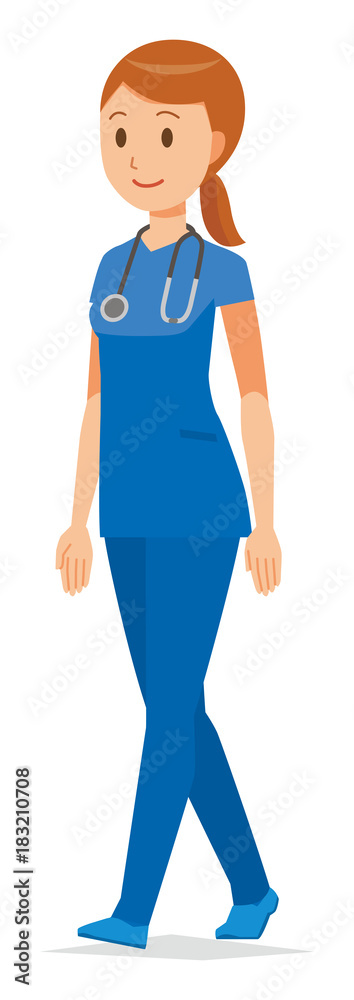 A woman nurse walking in a blue scrub is walking
