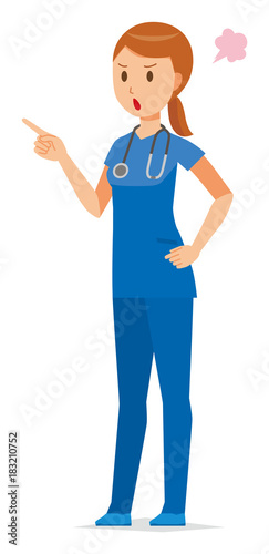 A female nurse wearing a blue scrub is angrily pointing to a finger