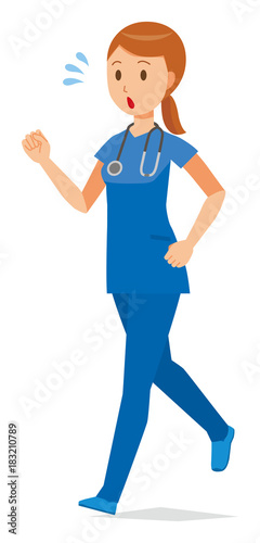 A female nurse wearing a blue scrub is running