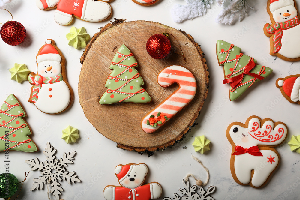  Sweet christmas gingerbread cookies on white