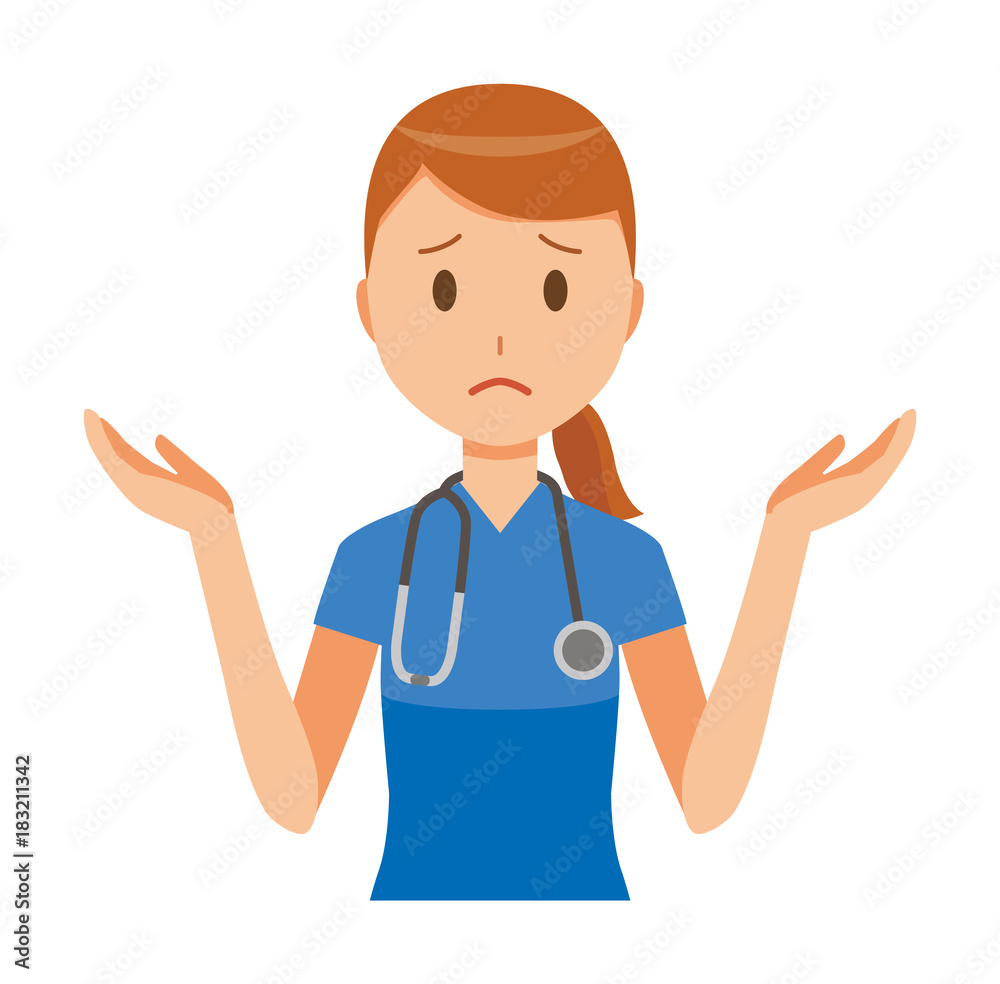 A woman nurse wearing a blue scrub is shrugging her shoulders