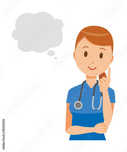 A female nurse wearing a blue scrub is thinking