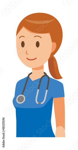 A female nurse wearing a blue scrub is standing obliquely