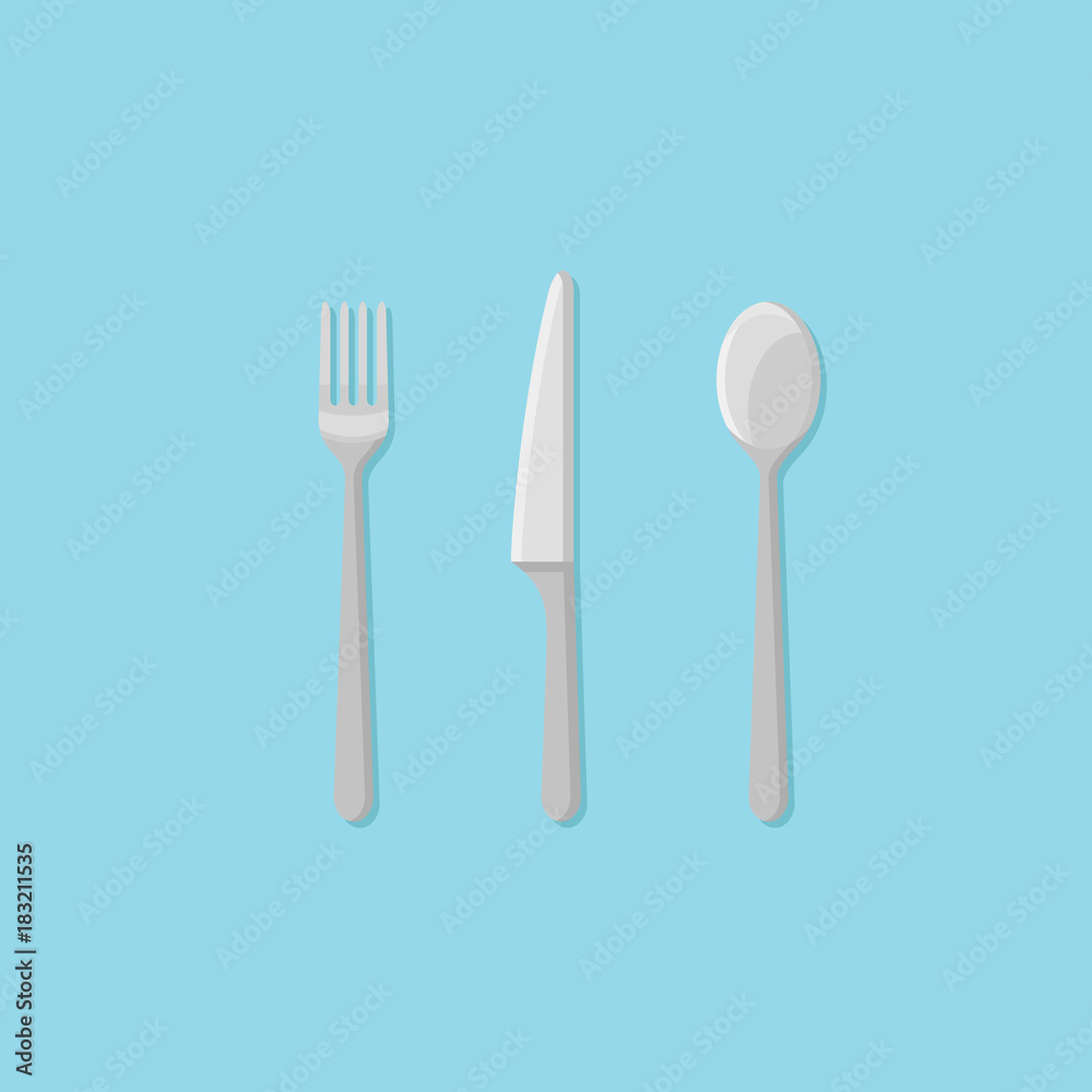 Set of fork, spoon and knife isolated on blue background. Cutlery flat style icon. Vector illustration. Set of fork, spoon and knife isolated on blue background. Cutlery flat style icon. Vector illustration.