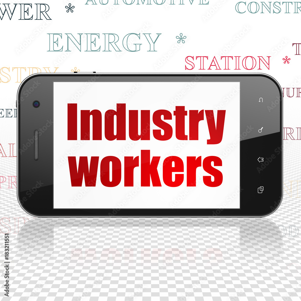 Industry concept: Smartphone with red text Industry Workers on display, Tag Cloud background, 3D rendering Industry concept: Smartphone with red text Industry Workers on display, Tag Cloud background, 3D rendering