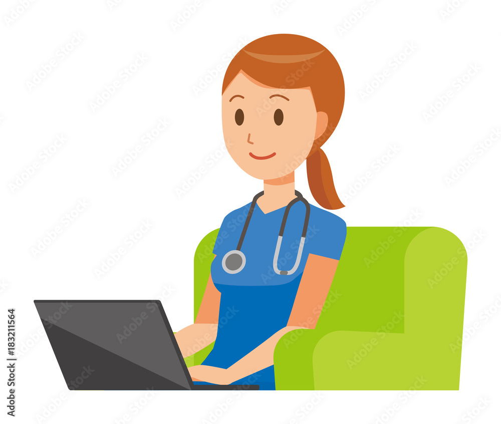 A woman nurse wearing a blue scrub is sitting on a sofa and operating a laptop computer A woman nurse wearing a blue scrub is sitting on a sofa and operating a laptop computer