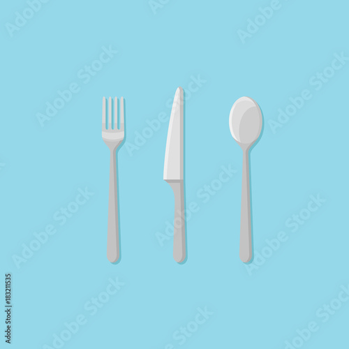 Set of fork, spoon and knife isolated on blue background. Cutlery flat style icon. Vector illustration.