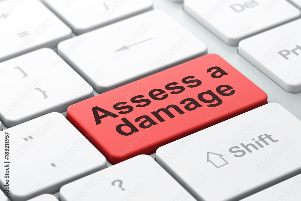 Insurance concept: computer keyboard with word Assess A Damage, selected focus on enter button background, 3D rendering Insurance concept: computer keyboard with word Assess A Damage, selected focus on enter button background, 3D rendering