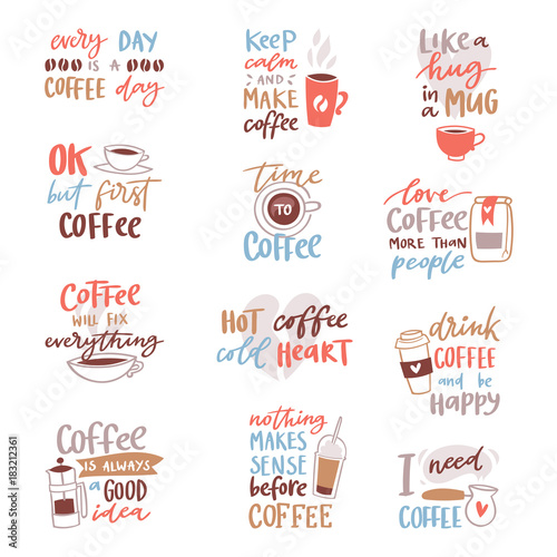 Coffee lettering vector coffeecup quote phrase hot drink mug inspiration coffeetime calligraphy style typography illustration isolated on white background