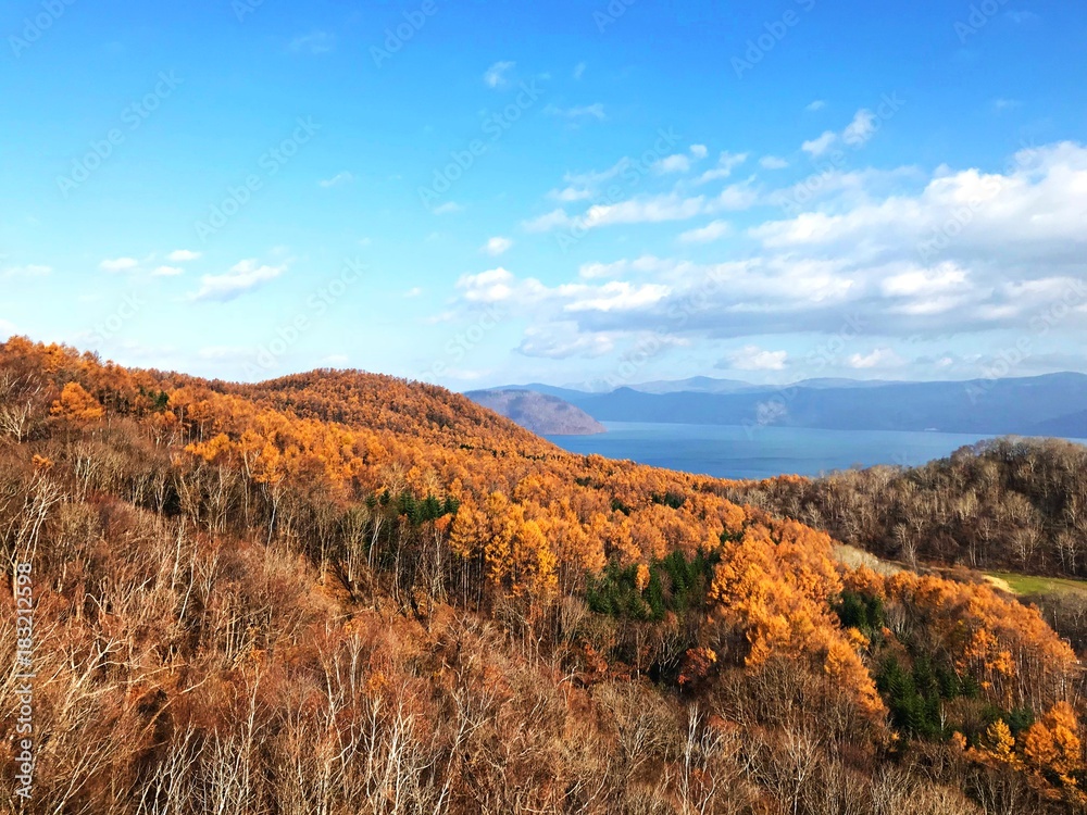 Ropeway landscape view of autumn forest and the lake Ropeway landscape view of autumn forest and the lake