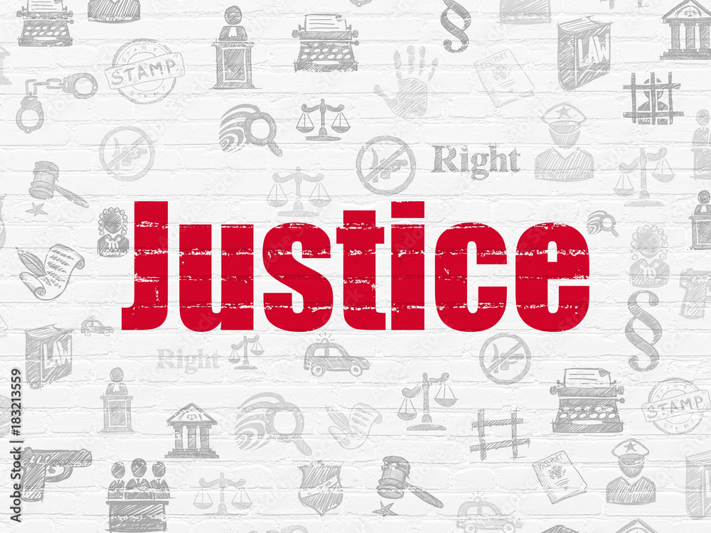 Law concept: Painted red text Justice on White Brick wall background with Hand Drawn Law Icons Law concept: Painted red text Justice on White Brick wall background with Hand Drawn Law Icons