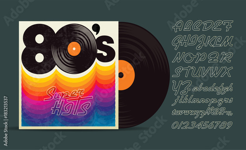 80's music mix. Vintage retro font. Fashion, graphic background style. Disco party 1980, dance night night. Radio popular playlist. Easy editable for Your design.
