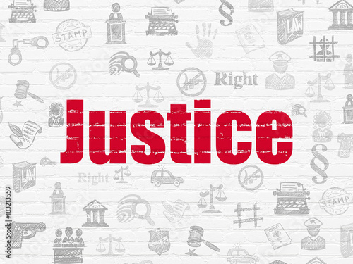 Law concept  Painted red text Justice on White Brick wall background with  Hand Drawn Law Icons
