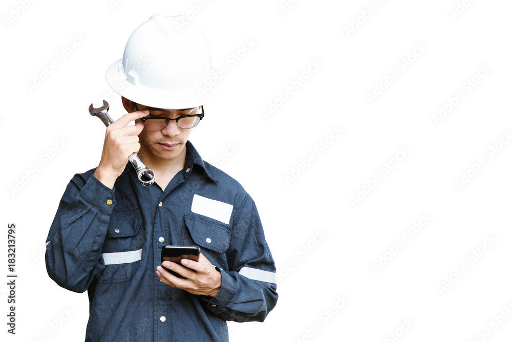 Asian man,Engineer or Technician in white helmet, glasses and blue working shirt suit holding smart phone, isolated on white, mechanic and Oil and Gas industrial concept with clipping path Asian man,Engineer or Technician in white helmet, glasses and blue working shirt suit holding smart phone, isolated on white, mechanic and Oil and Gas industrial concept with clipping path