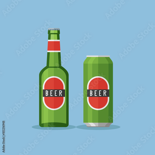 Green bottle and can with beer on blue background. Flat style vector illustration.