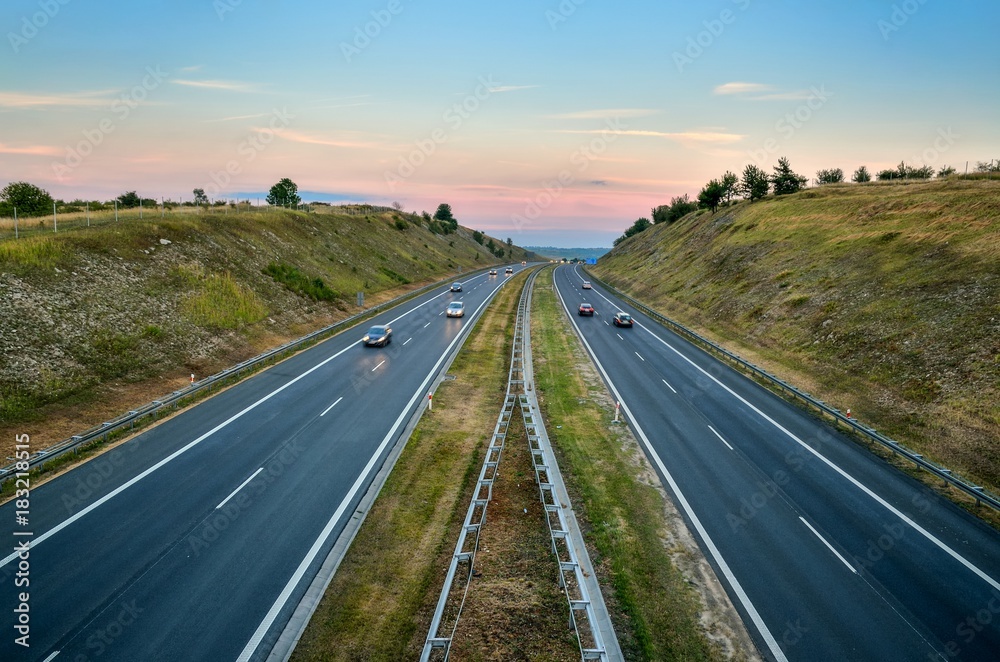 Road traffic on the highway A4 in Poland.