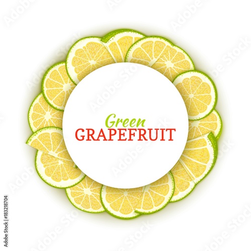 Round colored frame composed of tropical green grapefruit. Vector card illustration. Circle citrus pomelo citrus fruit frame for design of food packaging juice breakfast, cosmetics, tea, detox diet.