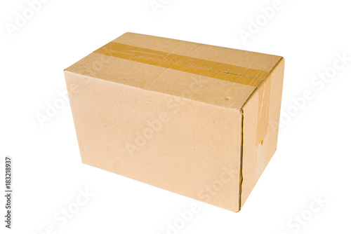Closed cardboard box taped up and isolated on white background © bohbeh