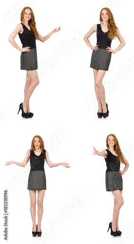 Red hair girl in gray dress isolated on white