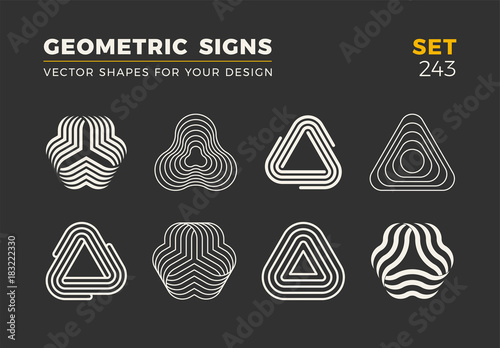 Set of eight minimalistic trendy shapes. Stylish vector logo emblems for Your design. Simple  geometric signs collection.