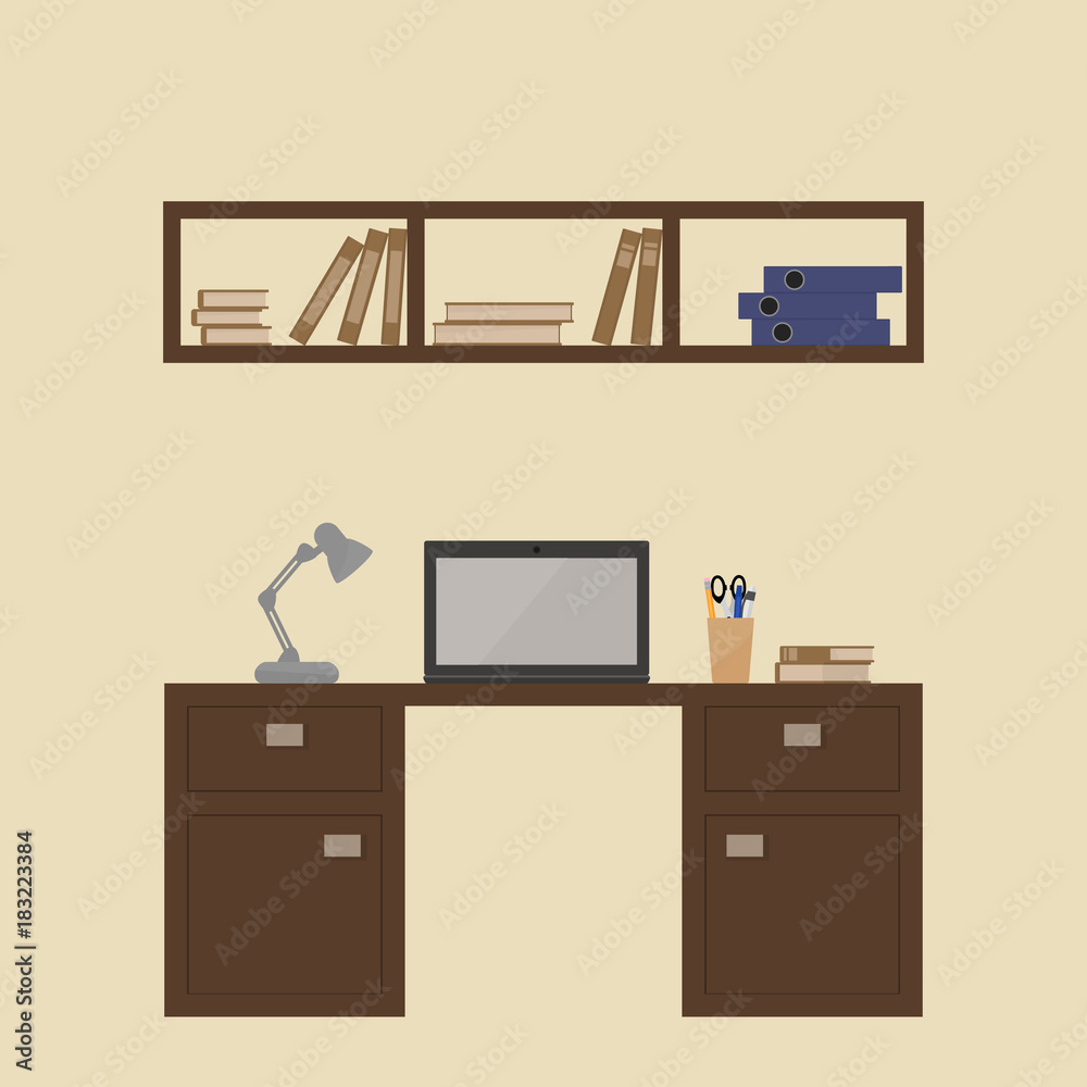 The interior of the room with a table, computer, desk lamp, bookshelf and books. Flat design. Vector illustration of college library for the concept of education. The interior of the room with a table, computer, desk lamp, bookshelf and books. Flat design. Vector illustration of college library for the concept of education.