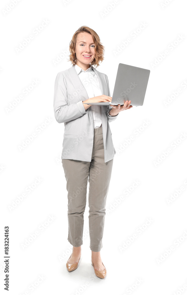 Female manager with laptop on white background Female manager with laptop on white background