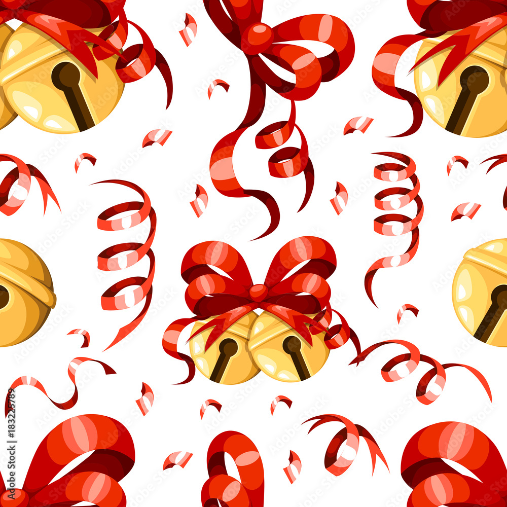 Golden Christmas bell balls with red ribbon and bow Xmas decoration jingle  bells icon seamless Christmas ornament vector illustration isolated on  white background Stock-Vektorgrafik | Adobe Stock